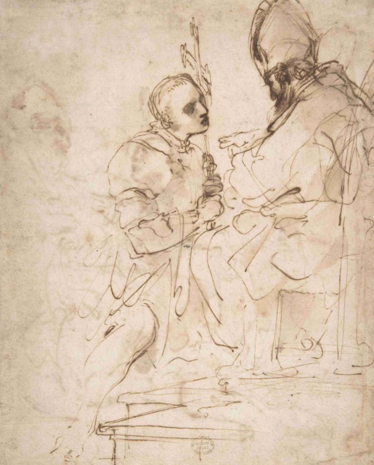 Youth Kneeling before a Prelate,Jongeren knielen voor een prelaat,Guercino,Schetsen,Schetsen, zitten