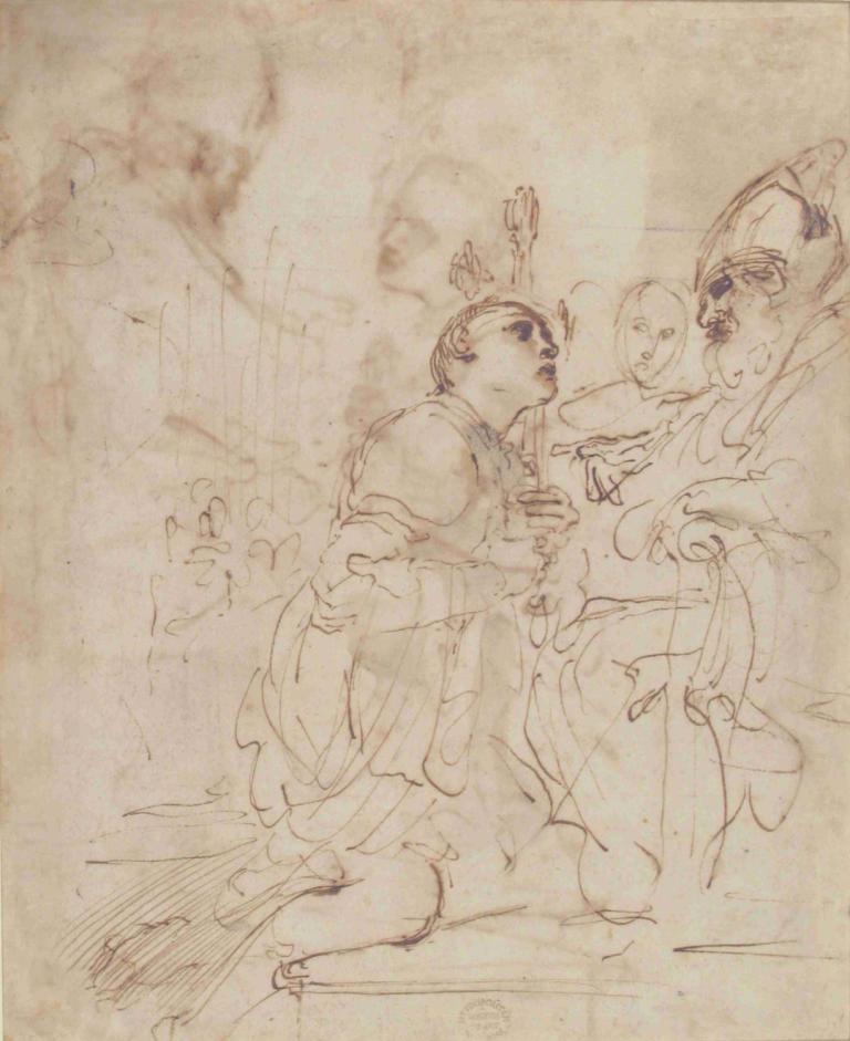 Youth Kneeling before a Prelate,Jongeren knielen voor een prelaat,Guercino,Schetsen,Schetsen, schetsen