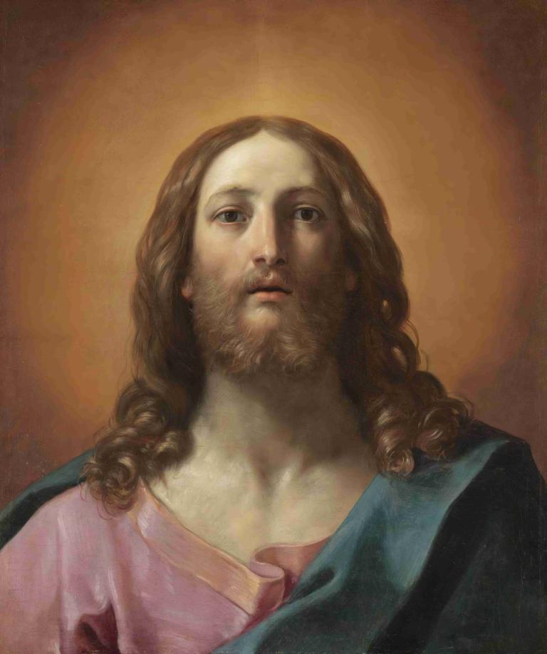 Bust Of Christ,Byste av Kristus,Guido Reni,Oljemaleri,Oljemaleri, solo, ansiktshår, brunt hår, realistisk