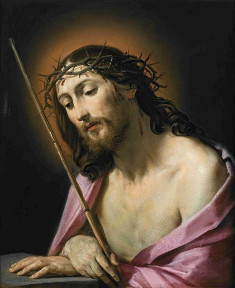 Christ As Ecce Homo,基督作为狂喜者,Guido Reni,吉多-雷尼,油画,油画, 独奏, 男性焦点, 胡子, 1男孩, 美术模仿, 胡须, 黑发, 实际的, 长发, 长袍, 露肩, 保持, 上半身