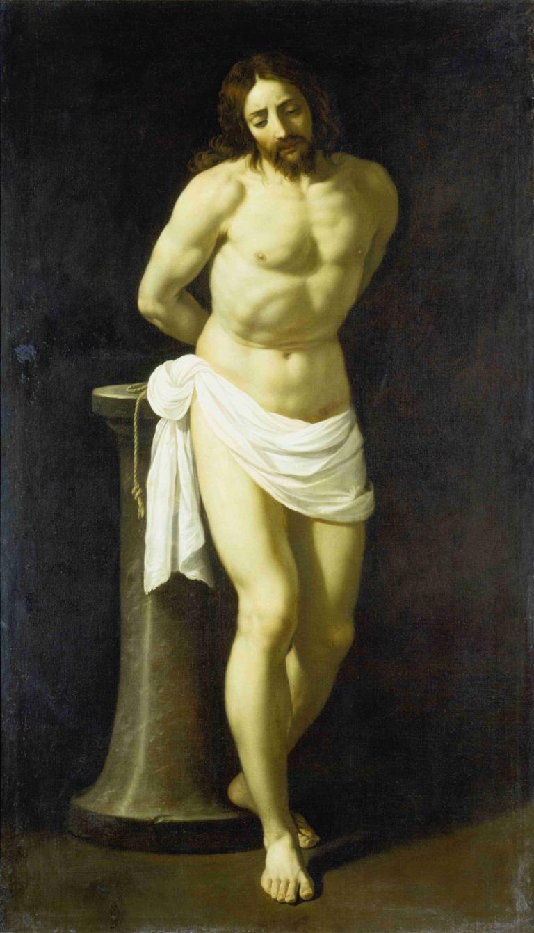 Christ at the Column,立柱上的基督,Guido Reni,吉多-雷尼,油画,油画, 男性焦点, 1男孩, 独奏, 美术模仿, 胡子, 胡须, 实际的, 棕色的头发, 赤脚, 双臂放在背后, 乳头