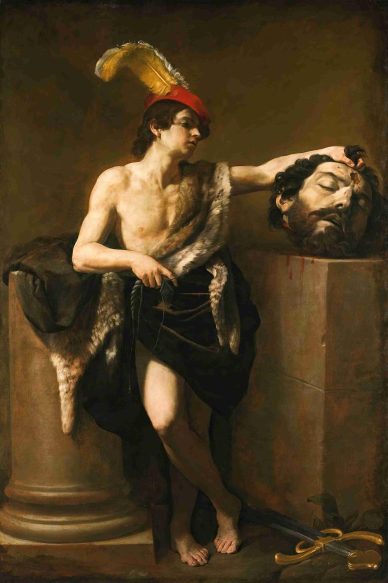 David With The Head Of Goliath,大卫砍下歌利亚的头,Guido Reni,吉多-雷尼,油画,油画, 美术模仿, 戏仿, 男性焦点, 1男孩, 血, 赤脚, 帽子, 武器, 剑, 翅膀