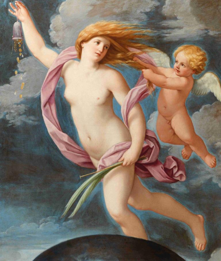 Fortuna with a purse,財布を持つフォルトゥナ,Guido Reni,グイド・レーニ,油絵,油絵, 美術パロディ, ヌード, 複数の女の子, 女の子2人, 翼, 乳首, ブロンドの髪, 雲, へそ