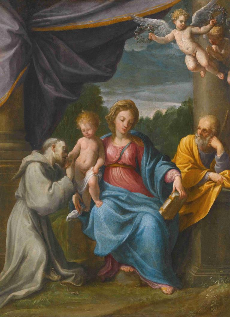 Holy Family With Saint Francis,与圣弗朗西斯的神圣家庭,Guido Reni,吉多-雷尼,油画,油画, 美术模仿, 多个男孩, 戏仿, 翅膀, 长袍, 老的, 1个女孩, 雕像, 金头发