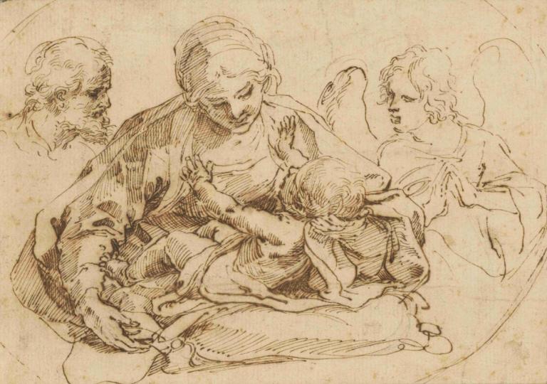 Holy Family with an Angel,Keluarga Kudus dengan Malaikat,Guido Reni,Sketsa,Sketsa, tua, satu warna