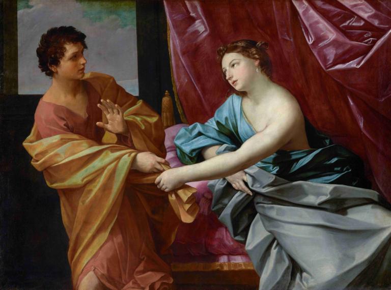 Joseph and Potiphar's Wife,Guido Reni,Oil Painting,Oil Painting, fine art parody, parody, brown hair, 1girl