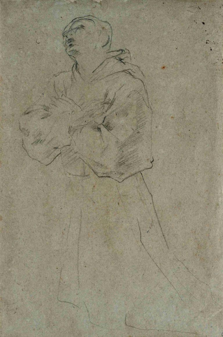 Kneeling Monk,Biksu Berlutut,Guido Reni,Sketsa,Sketsa, solo, fokus pria, satu warna, 1 anak laki-laki