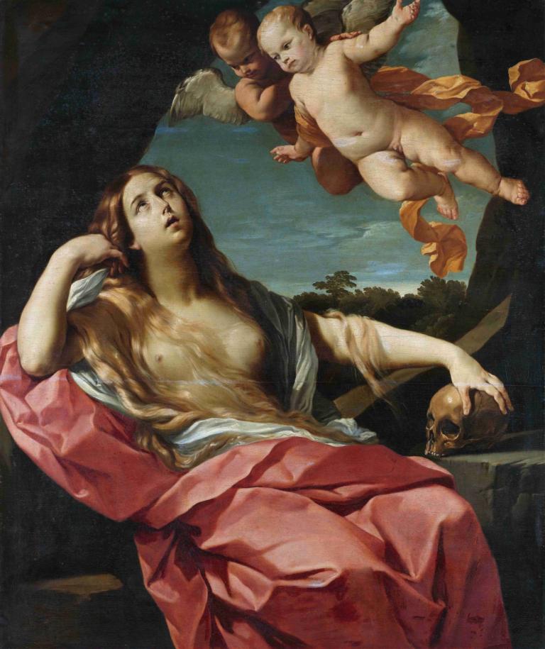 Mary Magdalene,マグダラのマリア,Guido Reni,グイド・レーニ,油絵,油絵, 美術パロディ, パロディー, 1女の子, 乳首, 現実的な, 翼, 頭蓋骨, 茶髪, へそ, 偽の伝統的なメディア