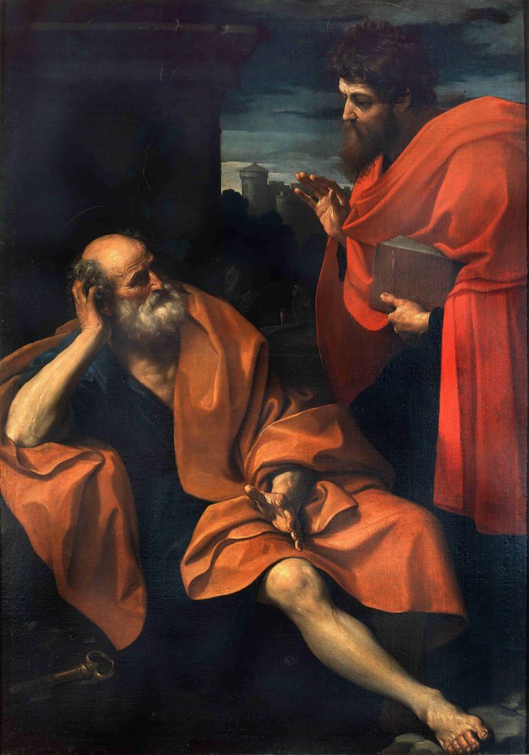 Paul Rebukes the Repentant Peter,Guido Reni,Oil Painting,Oil Painting, fine art parody, multiple boys, beard