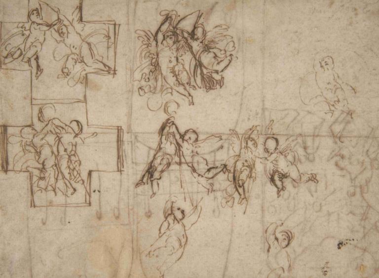 Studies of Flying Putti,Guido Reni,Sketch,Sketch, sketch, monochrome, wings, 1girl