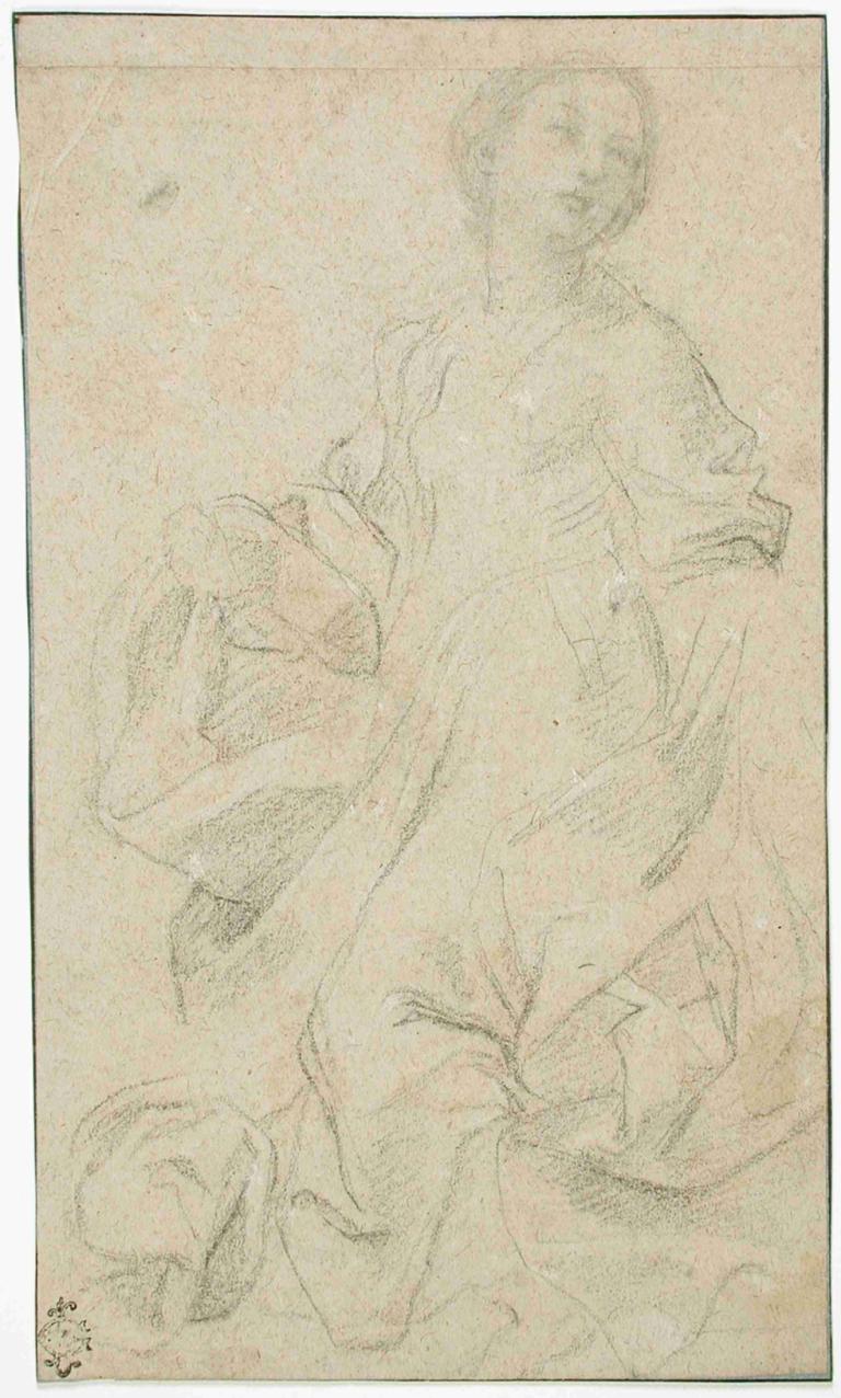 Study of a Kneeling Female Figure,Guido Reni,Sketch,Sketch, monochrome, solo, 1girl, sketch, traditional media