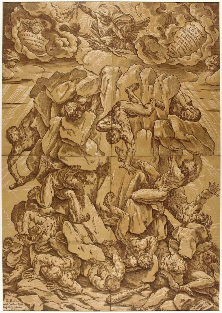 The Fall of the Giants,Guido Reni,Copperplate Etching,Copperplate Etching, monochrome, sepia, fine art parody