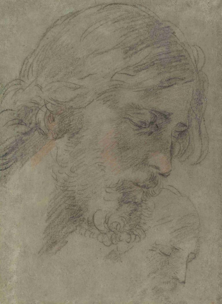 The Head of Christ,Guido Reni,Sketch,Sketch, solo, monochrome, male focus, 1boy, facial hair, beard