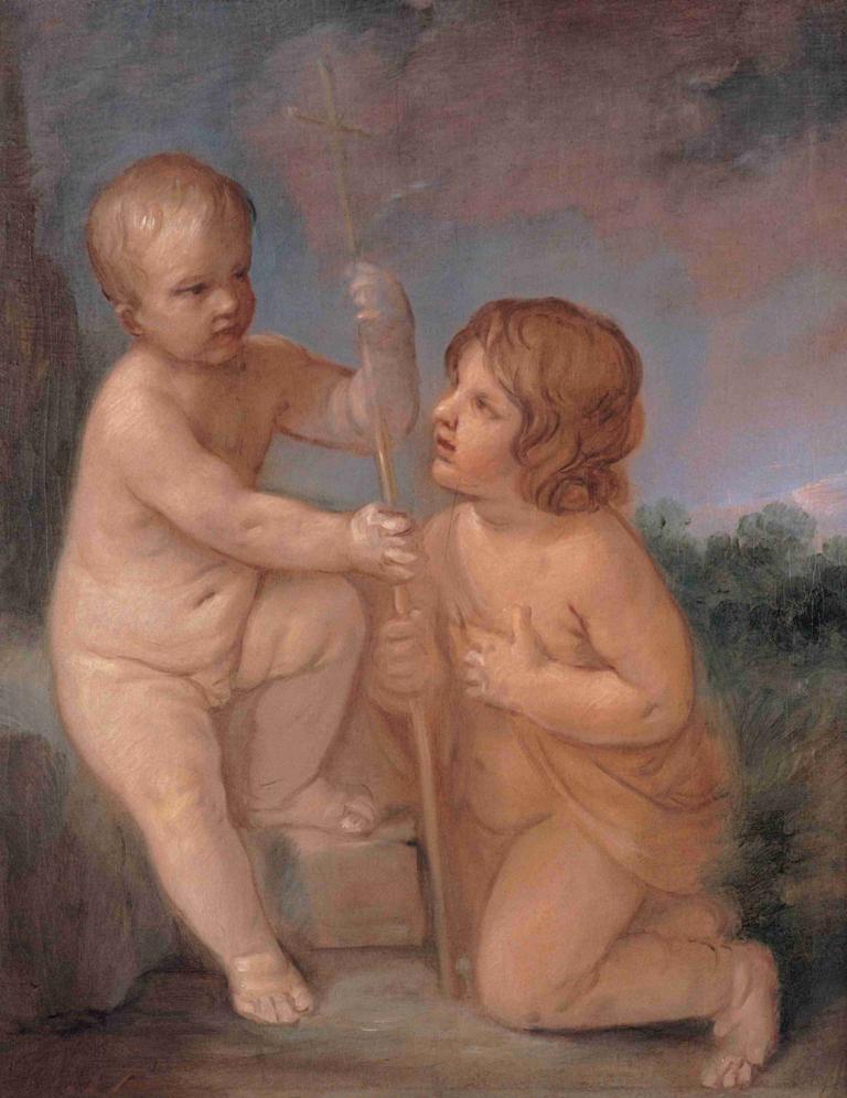 The Infant Jesus And St. John,Guido Reni,Oil Painting,Oil Painting, 1girl, 1boy, nude, fine art parody, staff