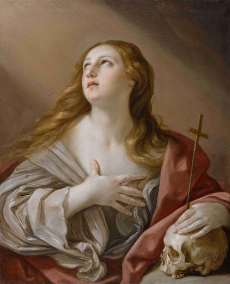 The Penitent Magdalene,Guido Reni,Oil Painting,Oil Painting, 1girl, fine art parody, long hair, robe, skull