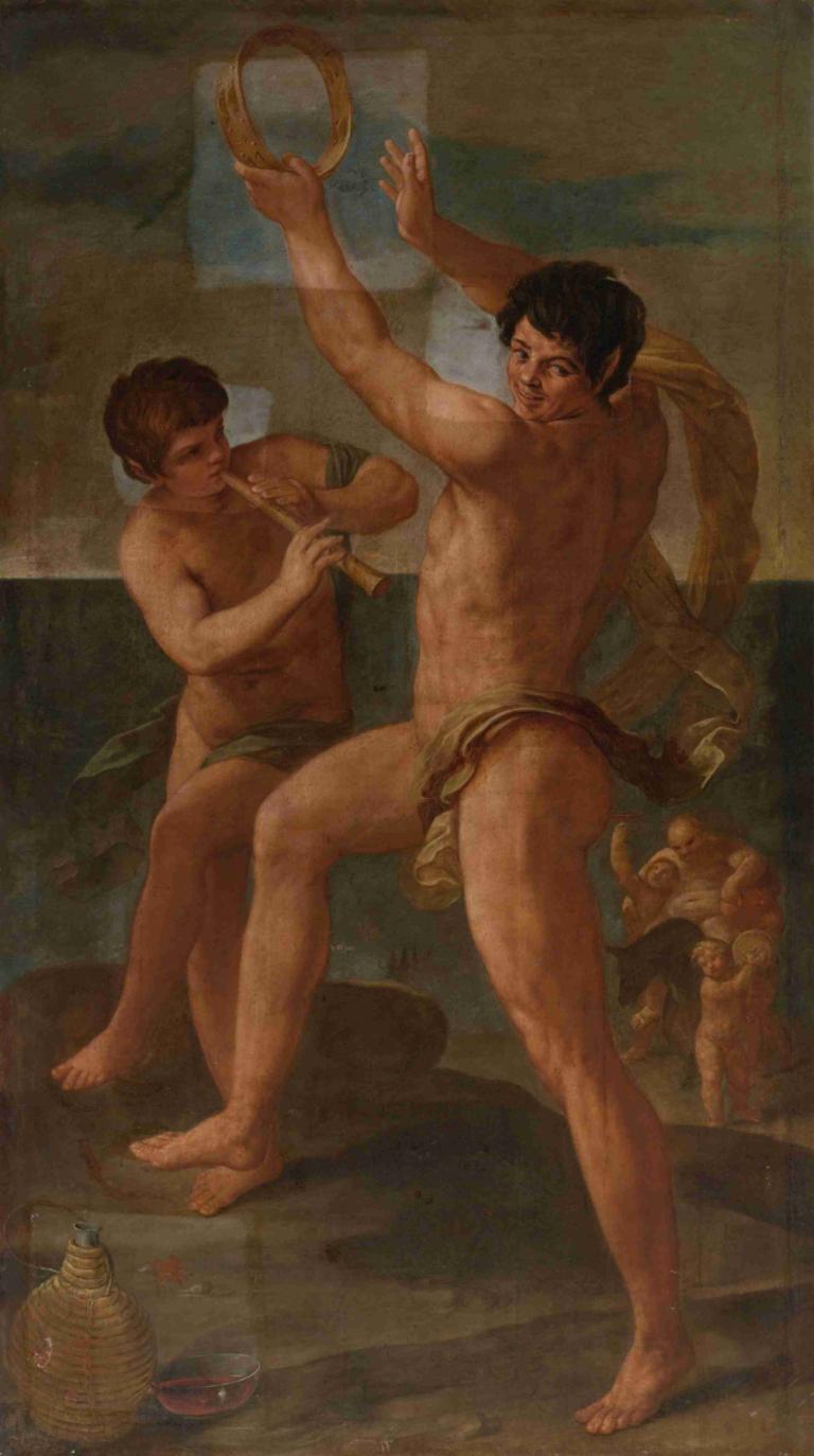 Two fauns In A Bacchic Dance,Guido Reni,Oil Painting,Oil Painting, fine art parody, multiple boys, male focus