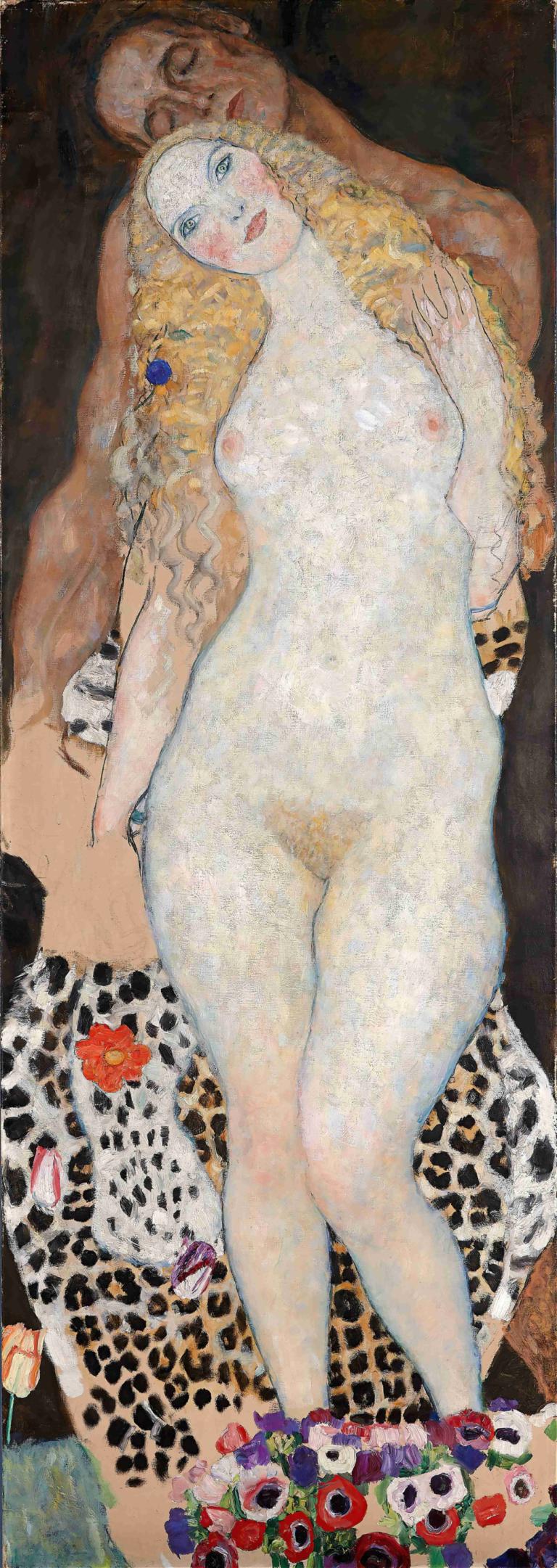 Adam And Eve,Gustav Klimt,Oil Painting,Oil Painting, 1girl, nipples, nude, blonde hair, fine art parody