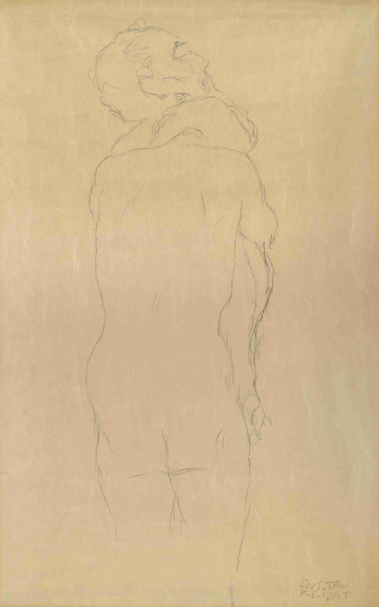 Adam und Eva Studie,亞當和伊娃·斯圖迪,Gustav Klimt,古斯塔夫·克裡姆特,素描,素描, 裸體, 單色, 屁股, 獨奏, 1男孩, 1個女孩, 草圖, 從後面, 男性焦點, 後退