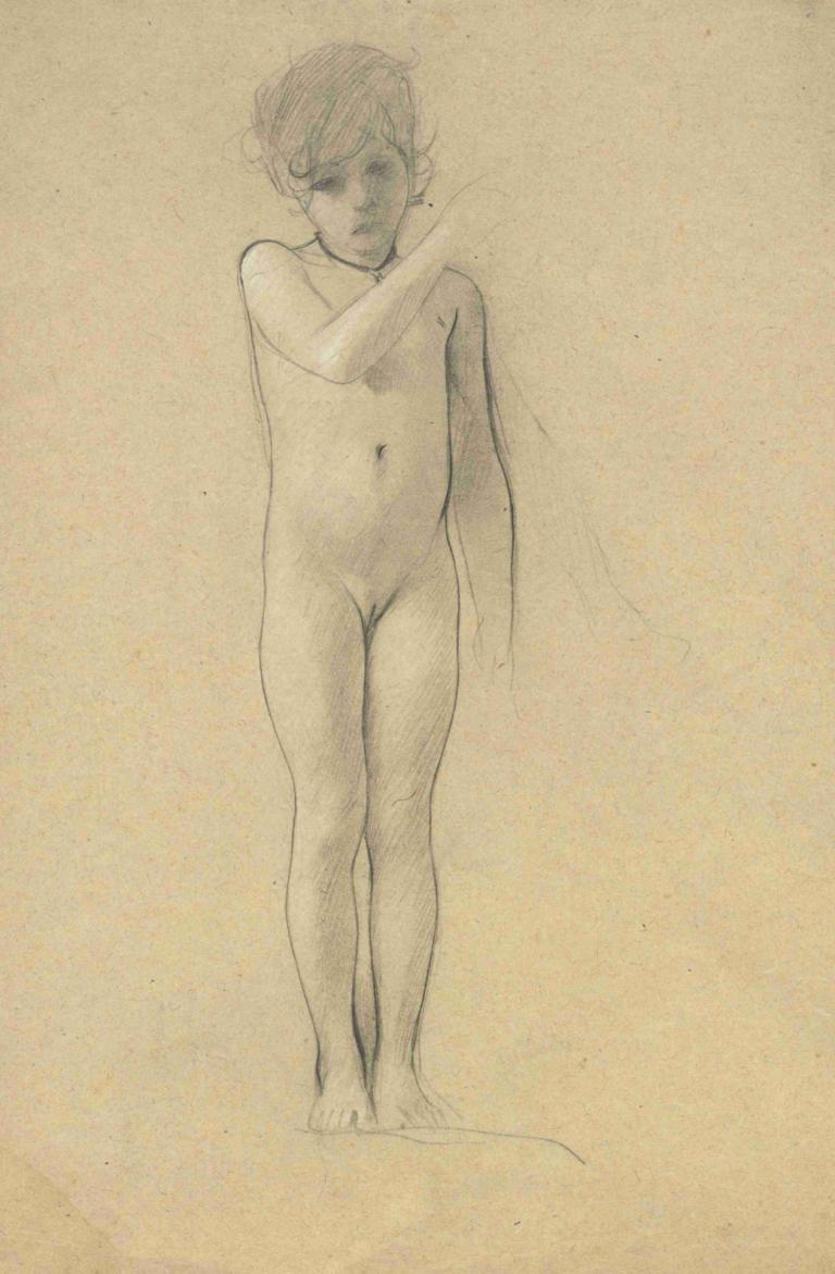 Akt eines kleinen Mädchens,Gustav Klimt,Sketch,Sketch, 1girl, solo, nude, monochrome, navel, short hair