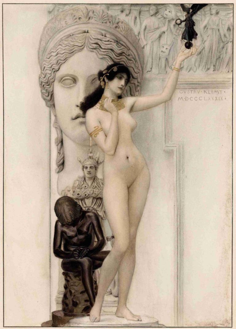 Allegory of Sculpture,조각의 우화,Gustav Klimt,구스타프 클림트,오일 페인팅,오일 페인팅, 미술 패러디, 여자 1명, 나체상, 보석류, 젖꼭지, 가슴, 동상, 맨발