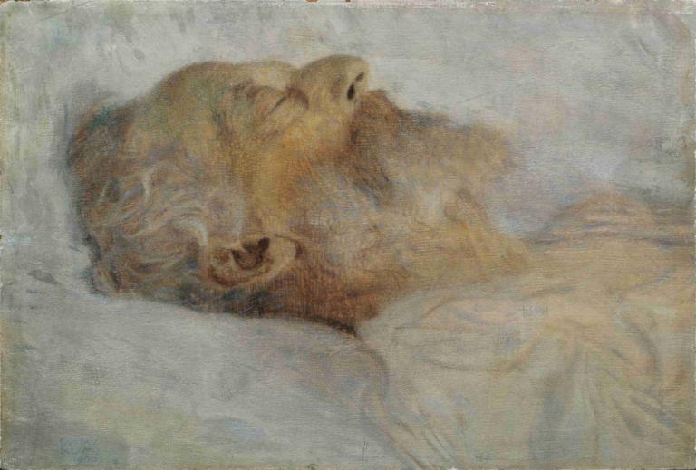 Alter Mann auf dem Totenbett,Gustav Klimt,Oil Painting,Oil Painting, no humans, animal focus, lying