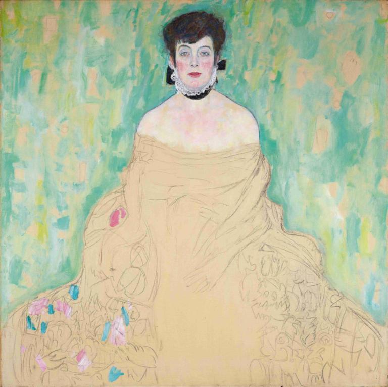 Amalie Zuckerkandl,Gustav Klimt,Oil Painting,Oil Painting, 1girl, solo, black hair, dress, looking at viewer