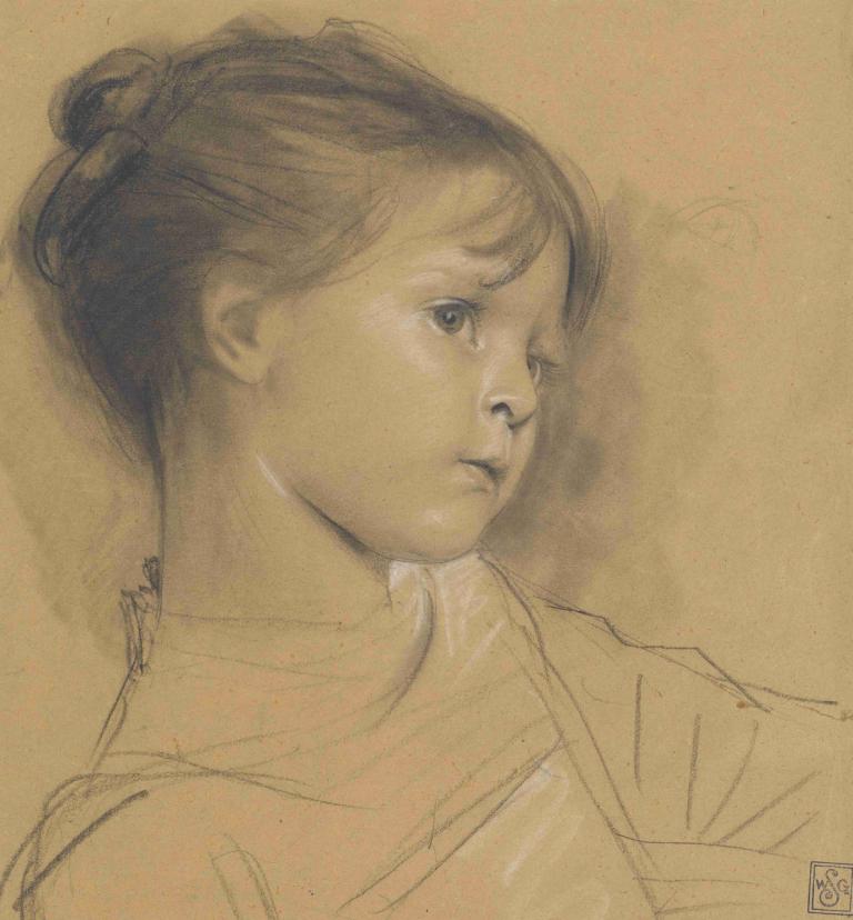 Annerl,Gustav Klimt,Sketch,Sketch, 1girl, solo, monochrome, sketch, upper body, sepia, lips