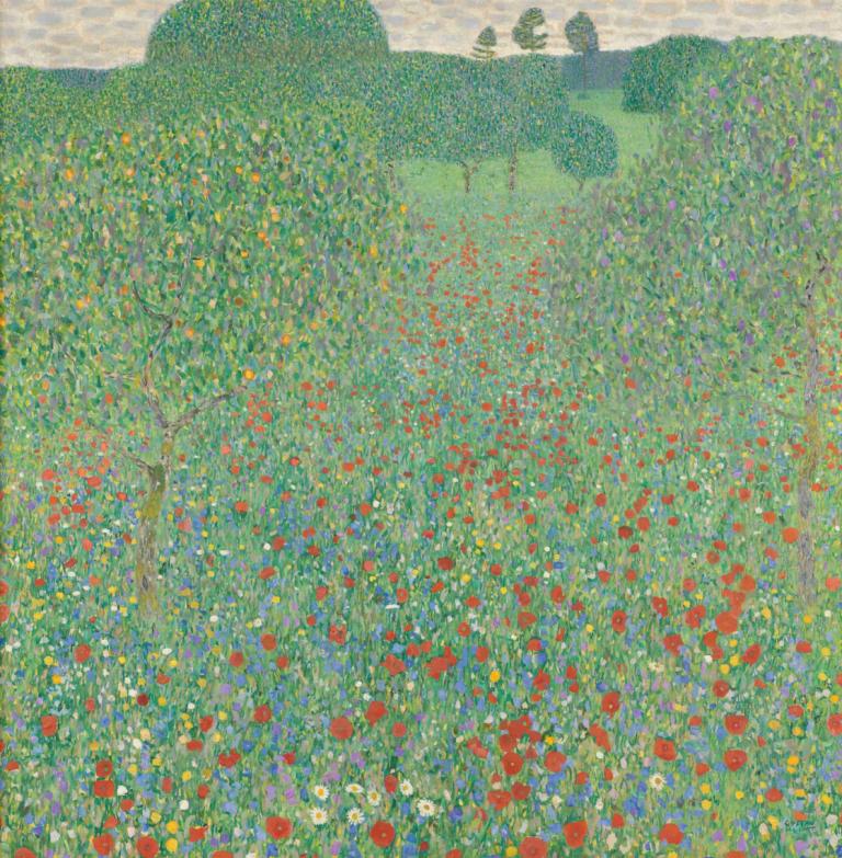 Blühender Mohn Mohnwiese,Gustav Klimt,古斯塔夫·克裡姆特,油畫,油畫, 花, 戶外, 樹, 紅花, 場地, 天空, 草, 雲, 風景, 白色的花, 沒有人類, 天, 黃花, 花田