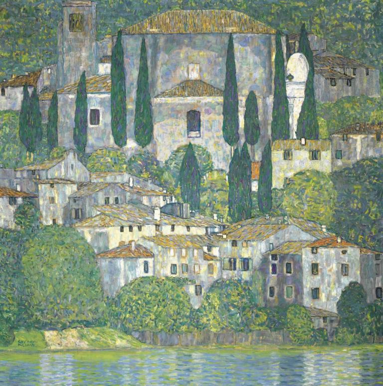 Church In Cassone - Landscape With Cypresses,教堂在卡森-景觀與柏樹,Gustav Klimt,古斯塔夫·克裡姆特,油畫,油畫, 風景, 沒有人類, 樹, 戶外, 大樓, 水