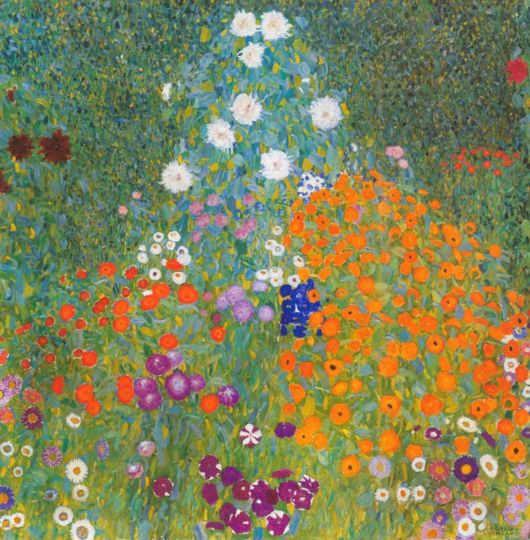 Cottage Garden,平房花園,Gustav Klimt,古斯塔夫·克裡姆特,油畫,油畫, 花, 橘子花, 草, 白色的花, 紫色的花, 紅花, 場地, 戶外, 沒有人類, 花田, 裙子, 豐富多彩的