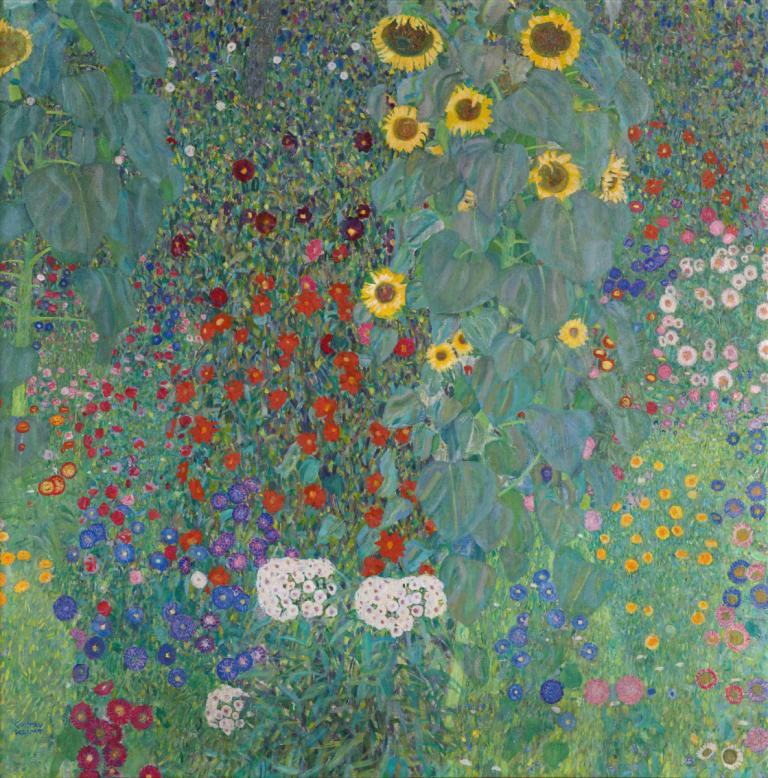 Cottage garden with sunflowers,種著向日葵的平房花園,Gustav Klimt,古斯塔夫·克裡姆特,油畫,油畫, 花, 向日葵, 黃花, 獨奏, 紅花, 草, 戶外, 白色的花, 沒有人類