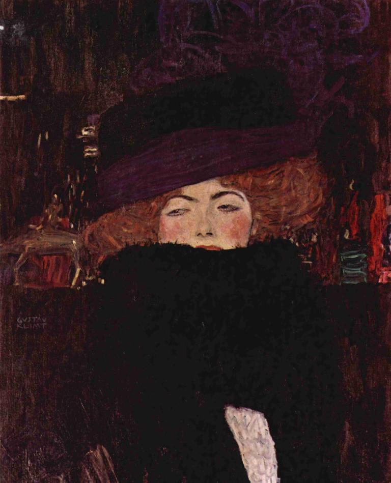 Dame mit Hut und Federboa,Gustav Klimt,Oil Painting,Oil Painting, 1girl, solo, hat, brown hair, blush