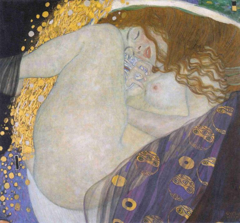 Danae,Gustav Klimt,Oil Painting,Oil Painting, 1girl, nipples, long hair, breasts, hat, nude, brown hair