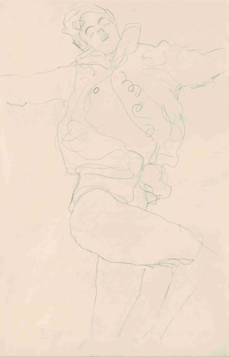 Dancing Woman with Cape,Plešoča ženska z ogrinjalom,Gustav Klimt,Skica,Skica, solo, 1 fant, enobarvno