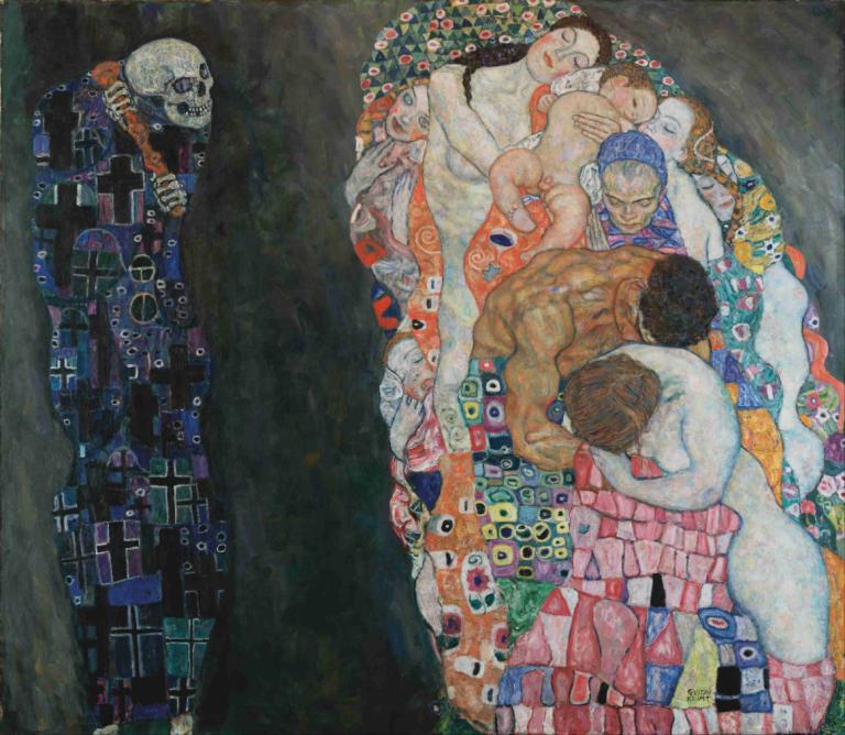 Death and Life,Gustav Klimt,Oil Painting,Oil Painting, multiple girls, skull, multiple boys, nude, black hair