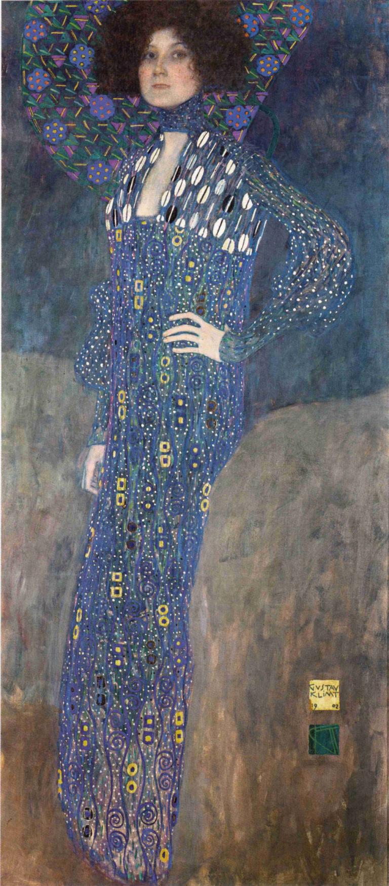 Emilie Flöge,Gustav Klimt,Oil Painting,Oil Painting, 1girl, solo, hand on hip, dress, black hair