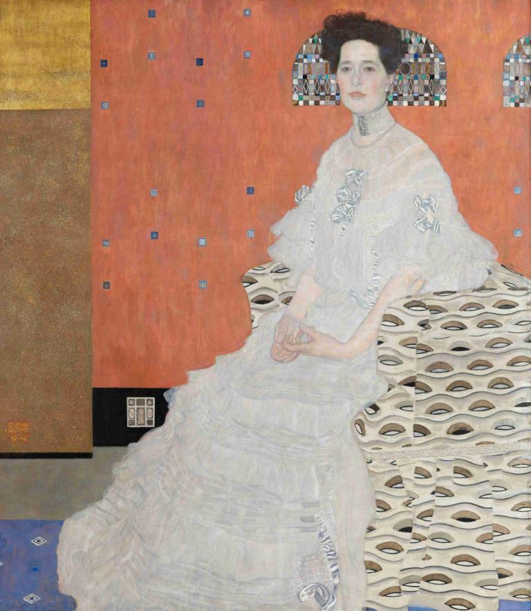 Fritza Riedler,Gustav Klimt,Oil Painting,Oil Painting, solo, 1girl, dress, black hair, white dress, jewelry