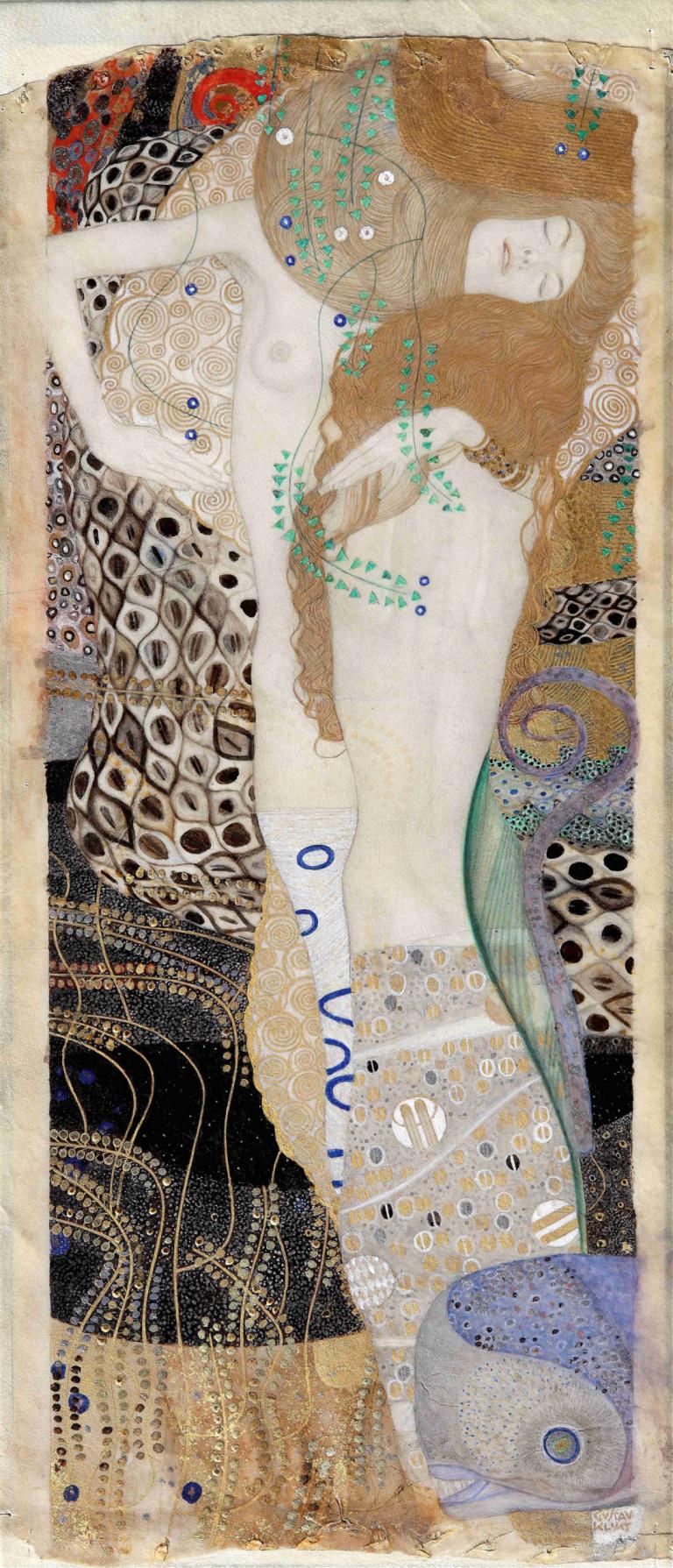 Girlfriends (water snakes I),女朋友（水蛇 I）,Gustav Klimt,古斯塔夫-克里姆特,插画,插画, 1个女孩, 长发, 独奏, 裸体, 棕色的头发, 超现实的, 乳房, 珠宝