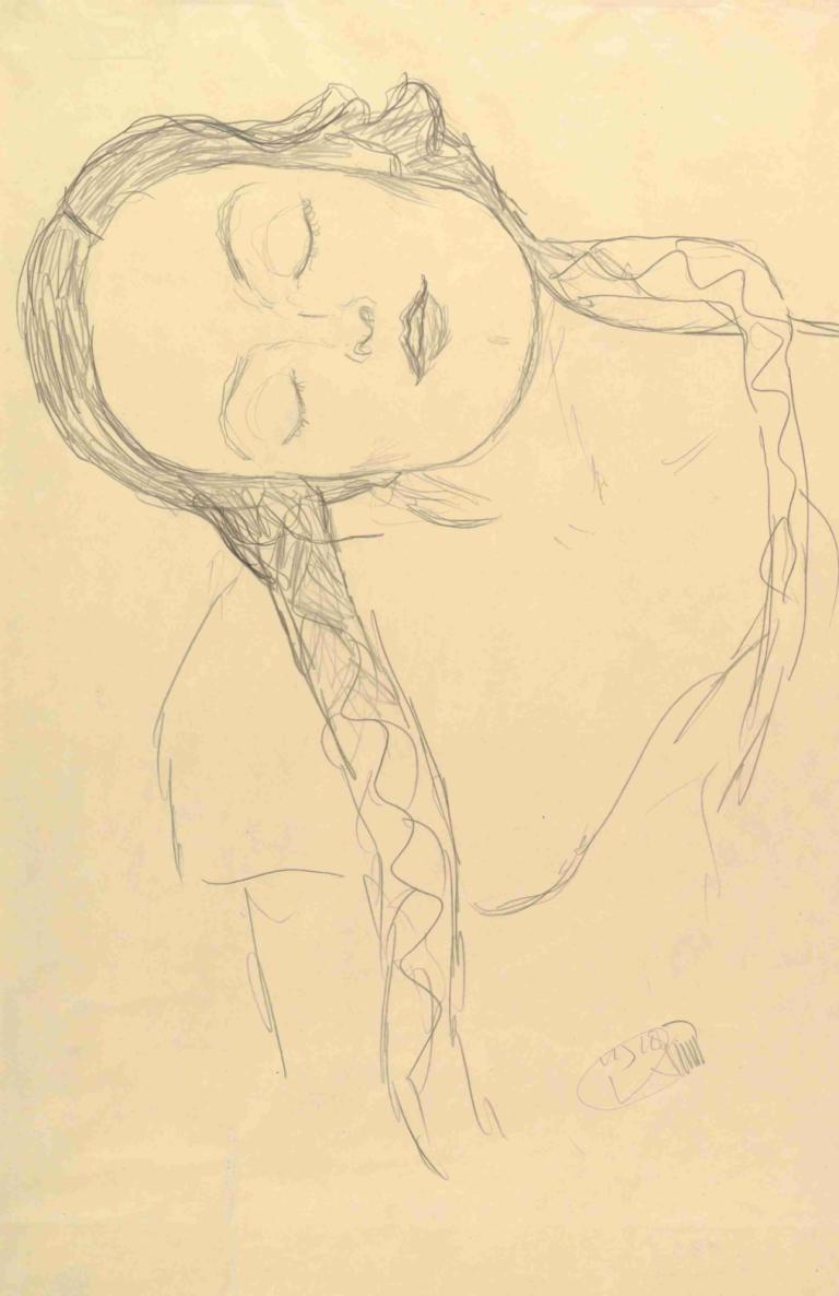 Half-figure of a Young Woman,年轻女子的半身像,Gustav Klimt,古斯塔夫-克里姆特,素描,素描, 独奏, 1个女孩, 草图, 闭着眼睛, 单色, 长发