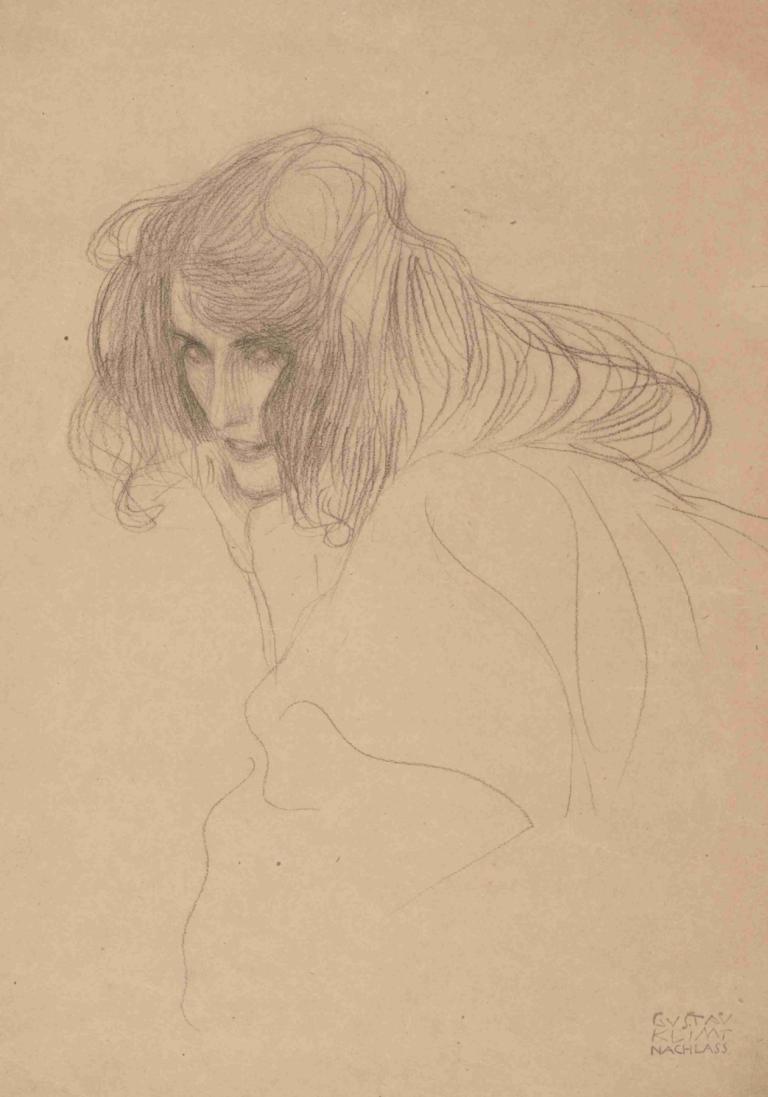 Head of a Woman in Three-Quarter Profile (Study for the Beethoven Frieze),四分之三侧面的妇女头像（贝多芬浮雕研究）,Gustav Klimt