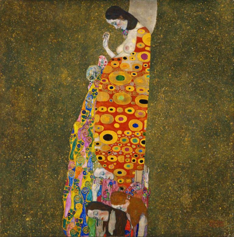 Hope, II,希望，II,Gustav Klimt,古斯塔夫-克里姆特,油画,油画, 美术模仿, 乳头, 超现实的, 乳房, 黑发, 多个女孩, 轮廓, 1个女孩, 日本衣服, 中等乳房, 裸体