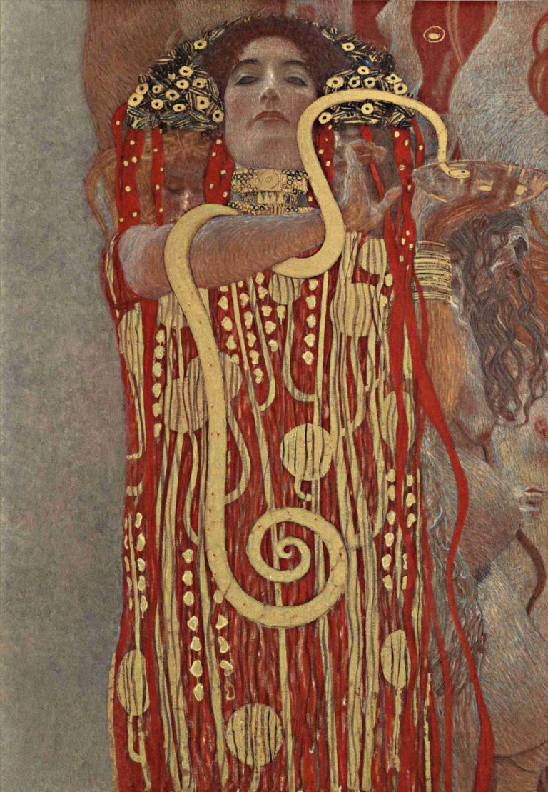 Hygieia,Gustav Klimt,古斯塔夫-克里姆特,油画,油画, 珠宝, 1个女孩, 独奏, 手镯, 项链, 棕色的头发