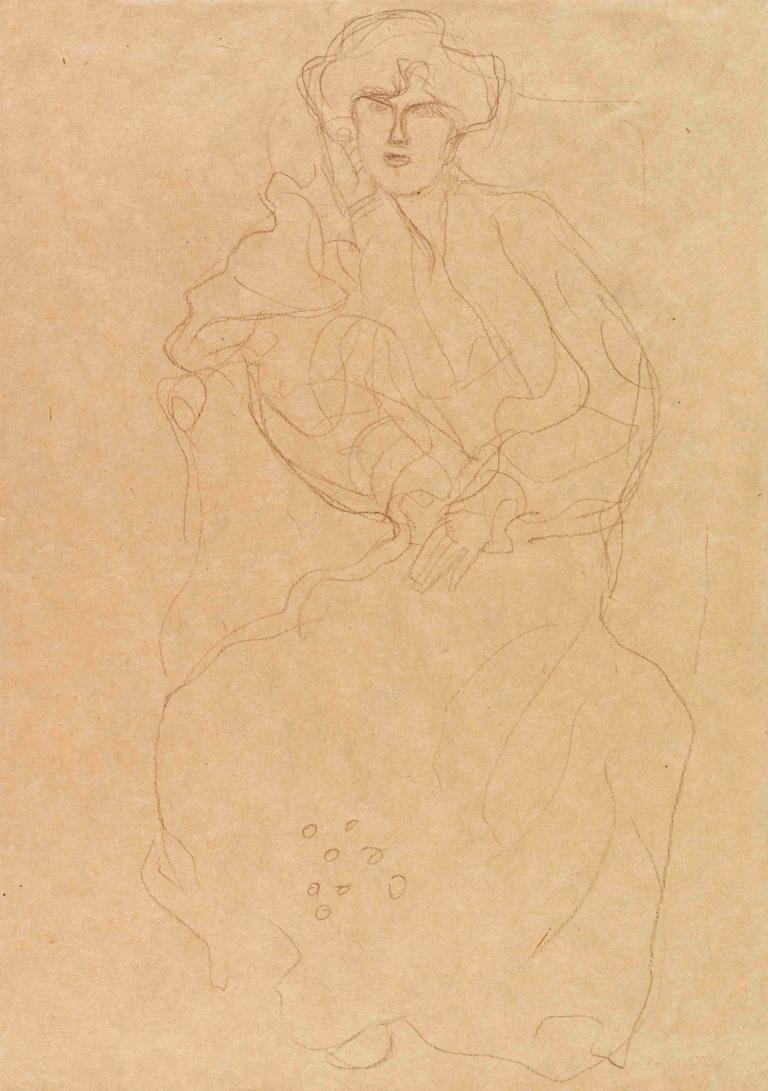 Im Lehnstuhl Sitzende von vorne,从正面坐在扶手椅上,Gustav Klimt,古斯塔夫-克里姆特,素描,素描, 独奏, 1男孩, 单色, 传统媒体, 草图, 1个女孩, 男性焦点, 裙子