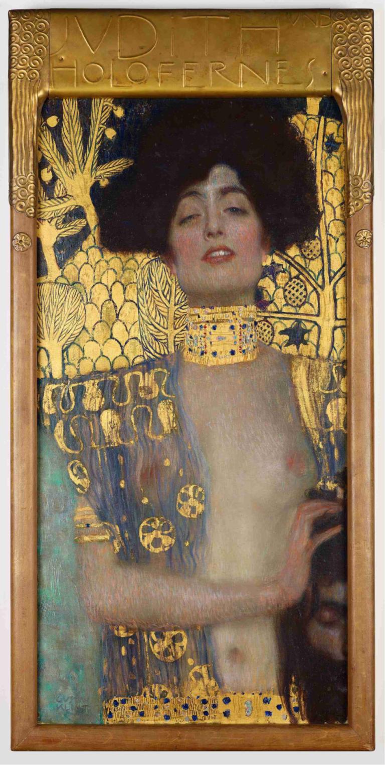 Judith,朱迪思,Gustav Klimt,古斯塔夫·克裡姆特,插畫,插畫, 乳頭, 塔羅牌, 美術模仿, 1男孩, 獨奏, 男性焦點, 黑髮, 實際的, 珠寶, 裸體, 張開雙唇, 臍, 金子, 1個女孩, 項鍊