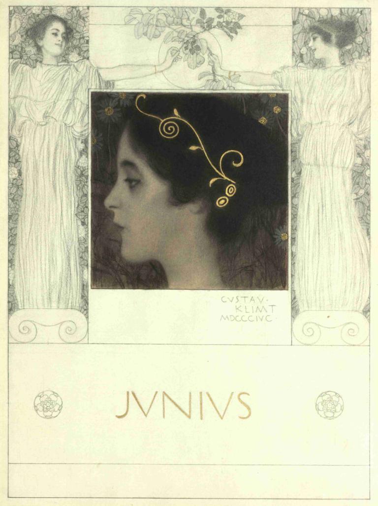 Junius,朱尼烏斯,Gustav Klimt,古斯塔夫·克裡姆特,插畫,插畫, 1個女孩, 輪廓, 花, 獨奏, 植物, 黑髮, 新藝術風格, 裙子