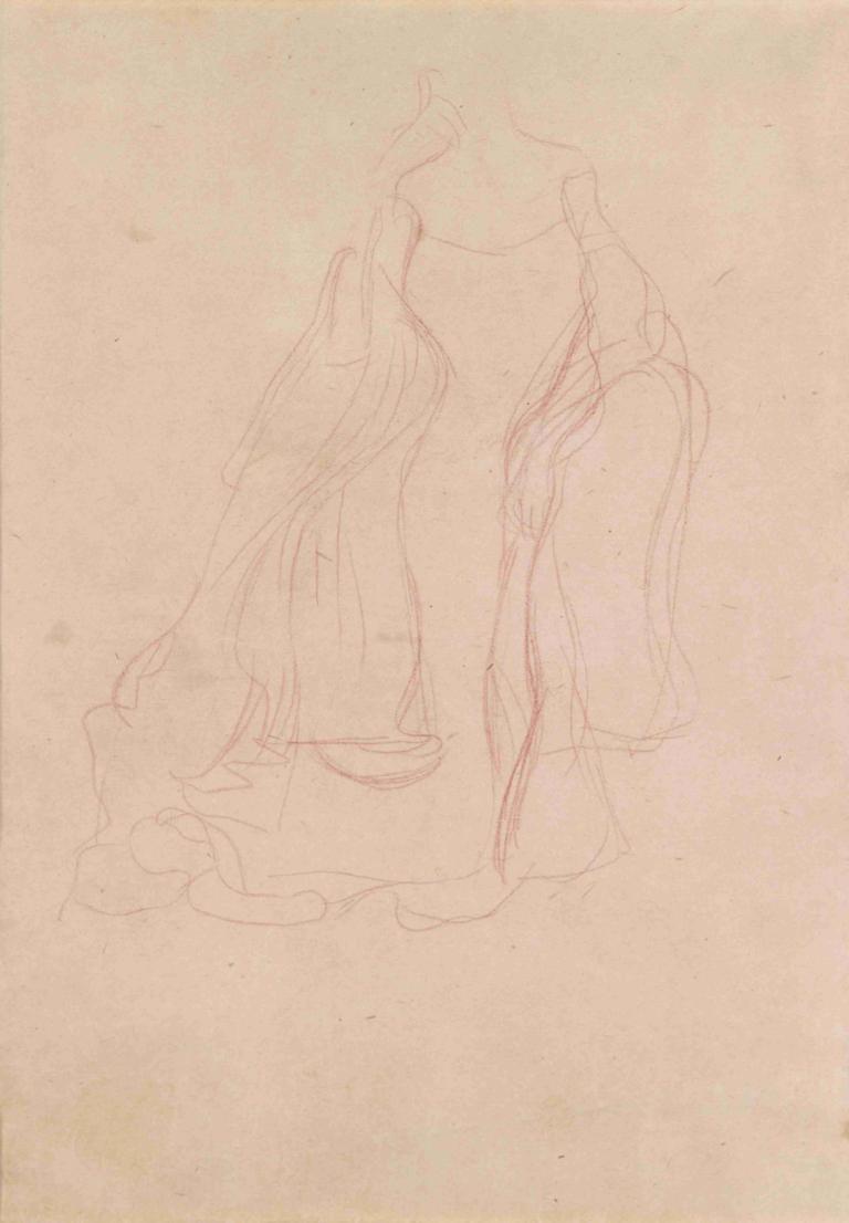 Kostümstudie von vorne,从正面看服装研究,Gustav Klimt,古斯塔夫-克里姆特,素描,素描, 长发, 1个女孩, 单色, 独奏, 跪着, 坐着, 草图, 很长的头发