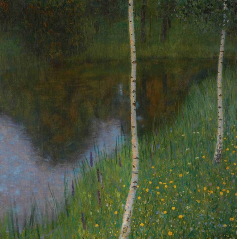 Lakeshore With Birches,白樺湖畔,Gustav Klimt,古斯塔夫·克裡姆特,油畫,油畫, 戶外, 草, 沒有人類, 風景, 花, 路, 傳統媒體, 黃花