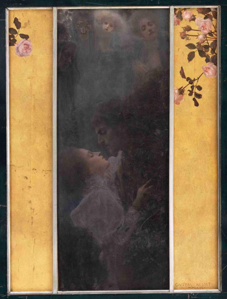 Liebe,Gustav Klimt,古斯塔夫·克裡姆特,插畫,插畫, 花, 玫瑰, 1個女孩, 美術模仿, 長袖, 獨奏, 蓬鬆的袖子, 輪廓, 從側面, 粉紅色的花, 裙子, 抬頭看, 1男孩