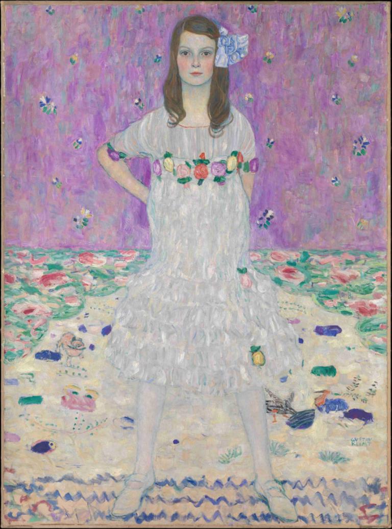 Mäda Primavesi,Gustav Klimt,Oil Painting,Oil Painting, 1girl, solo, dress, brown hair, flower