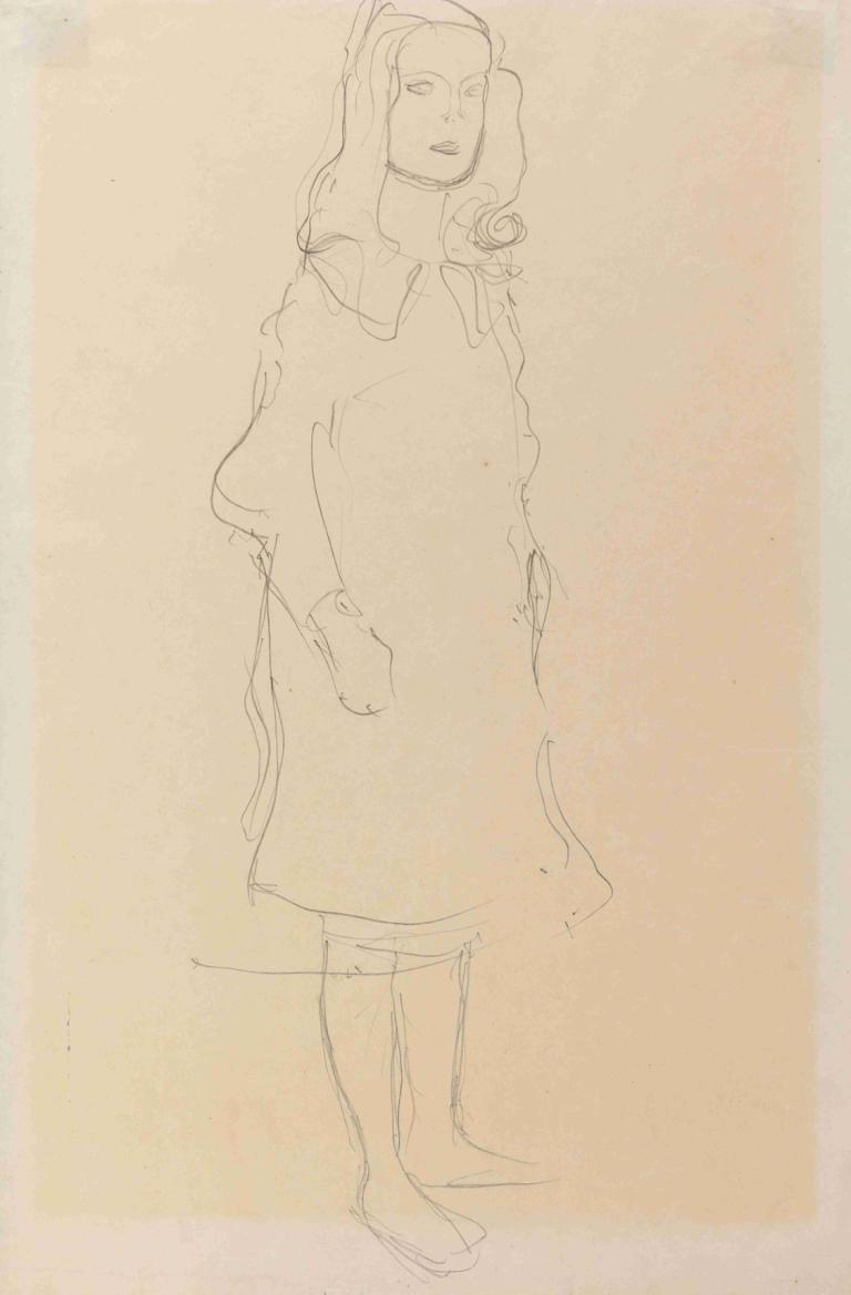 Mäda Primavesi, with coat, standing,Mäda Primavesi, ceketli, ayakta,Gustav Klimt,Taslak,Taslak, solo, 1kız